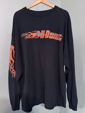 Harley Davidson Black Long Sleeve Shirt with Orange Flame Thunder Mountain
